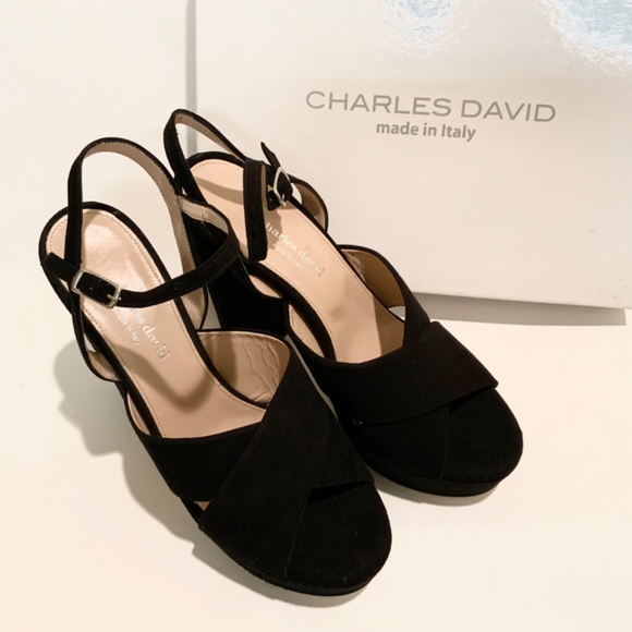 Charles David Rima Black Suede Platform Dress Sandal Leather Block Heel Pumps 10 - Picture 7 of 12